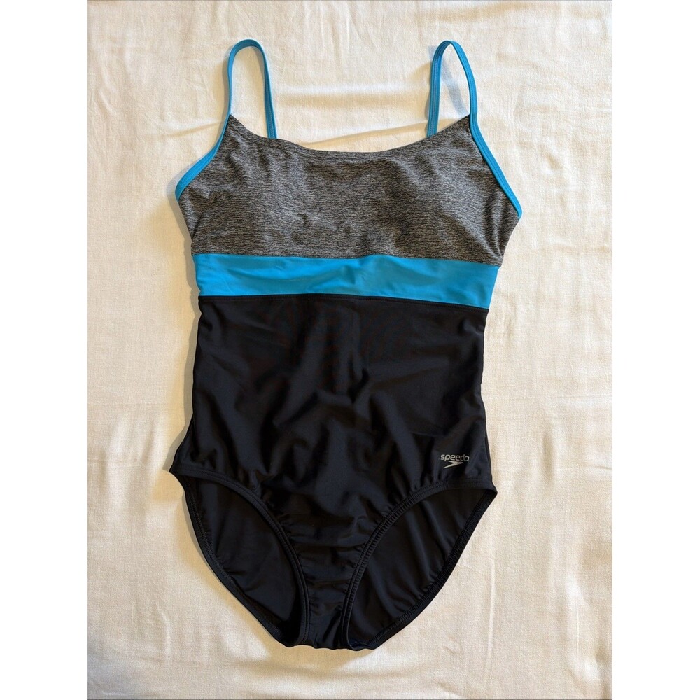 SPEEDO Sporty One Piece Full Coverage Swimsuit Colorblock Gray Blue Black Sz 12